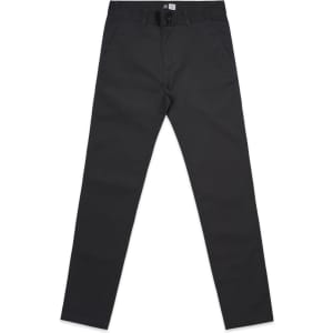 Black slacks with a straight fit and a waistband featuring a logo.