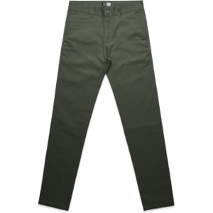 A pair of green slacks featuring a logo on the waistband, laid flat.