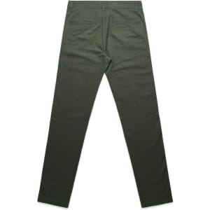 A pair of green slacks featuring a straight leg design and back pockets. Includes a brand logo.