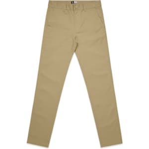 Tan slacks featuring a straight-leg design with front pockets and a logo on the waistband.