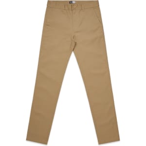Tan slacks with a slim fit, featuring pockets and a waistband. The product includes a logo.