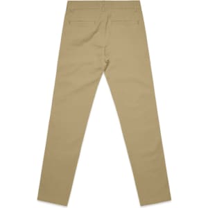 A pair of khaki standard pants viewed from the back, featuring back pockets and a fitted design.