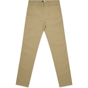 A pair of beige standard pants with a sleek, tailored fit and a logo on the waistband.