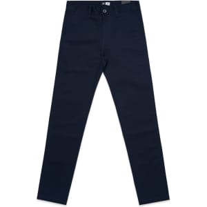 Navy blue slacks with a fitted design, featuring pockets and a waistband with a logo.