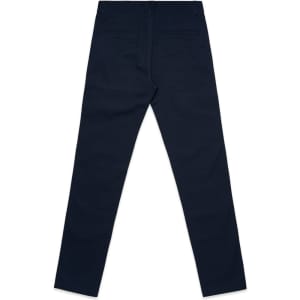 A pair of navy blue slacks with a smooth finish and back pockets, featuring a branding logo.