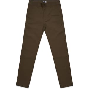 Olive green standard pants with a slim fit, featuring a logo branding on the waistband.