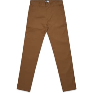 Brown standard pants with a straight leg design, featuring a waistband and pockets. The image includes a logo.