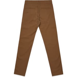 Brown slacks with a straight leg design, featuring back pockets and a simple logo.