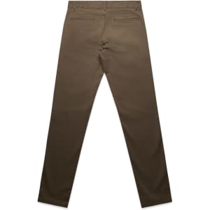 Standard pants in a khaki colour, featuring a slim fit with pockets on the back. The image highlights the rear view.