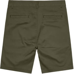 A pair of olive green dress shorts with a logo and two back pockets.