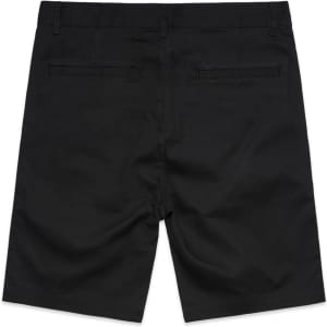 Black dress shorts featuring two back pockets and a logo. The fabric has a smooth finish.