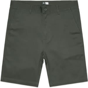 Plain 19" shorts in an olive green colour, featuring a button closure and front pockets. Includes a brand logo.