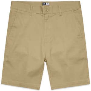 Beige dress shorts with a flat front, two side pockets, and a logo label at the waistband.
