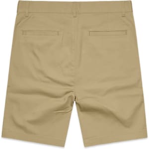 Plain khaki shorts with a classic cut, featuring two back pockets and no visible branding.