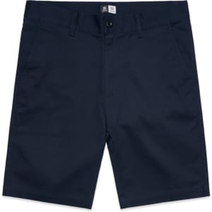 Plain navy shorts with a button closure and pockets, featuring a small logo.