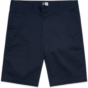 Navy blue dress shorts with a button and zipper closure, featuring front pockets and a logo on the waistband.