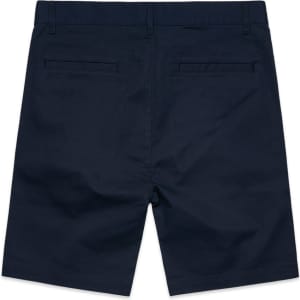 A pair of navy blue dress shorts featuring back pockets and a clean design. The shorts have a branded logo.