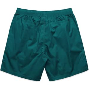 Teal beach shorts with an elastic waistband and no visible logos or branding, shown from the back.