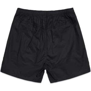 Black sports shorts with an elastic waistband and a smooth finish. Features a logo on the design.