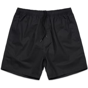 A pair of black sports shorts with an elastic waistband and drawstring. Features branding.