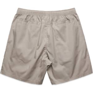 Khaki beach shorts with an elastic waistband, featuring back pockets and a simple design.