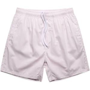 Light pink beach shorts featuring an elastic waistband and drawstring, with a logo on the side.