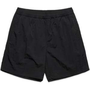 Black swim shorts with an elastic waistband, featuring a simple design and a logo. Suitable for various water activities.