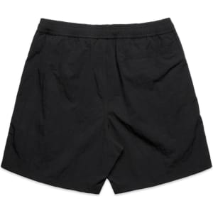Black swim shorts with an elastic waistband and a simple design, featuring a logo.