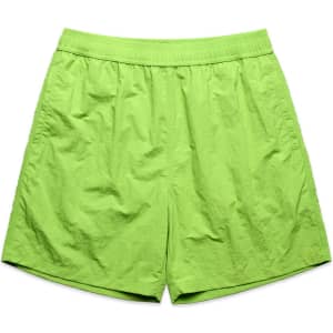 A pair of lime green swim shorts with an elastic waistband and a simple design.