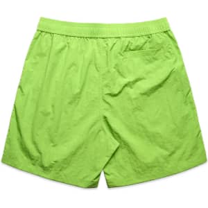 Lime green swim shorts with an elastic waistband and a back pocket, featuring a logo.