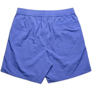 A pair of blue swim shorts with an elastic waistband and a back pocket, featuring a logo.