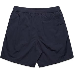 Navy swim shorts with an elastic waistband and a single back pocket. Features a minimal design with a logo.