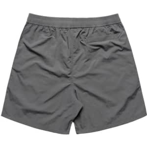 A pair of grey swim shorts with an elastic waistband and a simple design. Features a logo on the back.