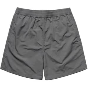 A pair of grey swim shorts with an elastic waistband and no visible branding.