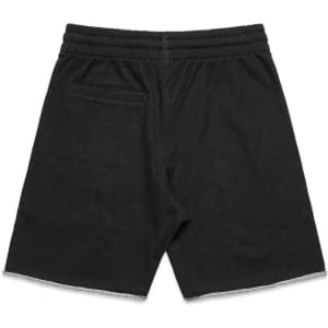 Black track shorts with an elastic waistband and a back pocket. Features a frayed hem style and a logo.