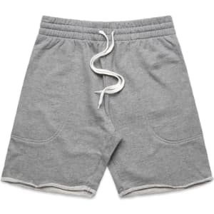 Grey track shorts with an elasticated waistband and drawstring, featuring two side pockets and a raw hem.