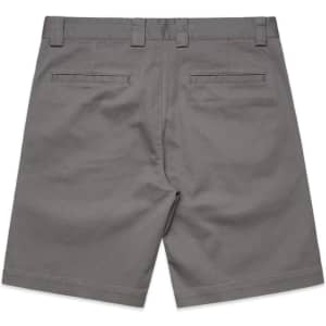 A pair of grey work shorts featuring two back pockets and a waistband with belt loops.