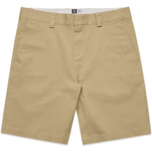 Beige work shorts featuring a classic cut with front pockets and a logo on the waistband.