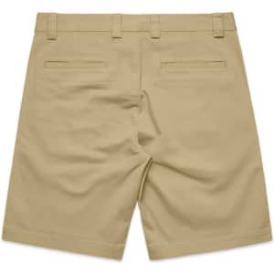 Khaki uniform shorts featuring a mid-length design and two back pockets. The item includes a brand logo.