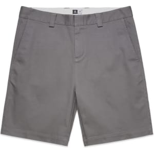 Grey uniform shorts with a classic cut, featuring a waistband and pockets, displayed against a white background.