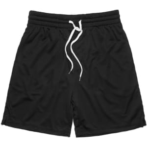 Black sports shorts with an elastic waistband and white drawstring, featuring a simple design.
