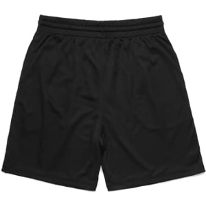 Black sports shorts with an elastic waistband and a simple design. Features a logo on the front.