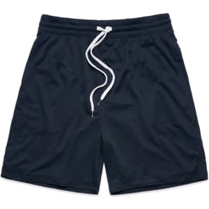 Dark navy sports shorts with an elastic waistband and white drawstring detail. Features a branding logo.