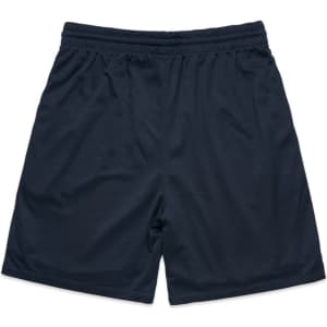 A pair of navy sports shorts featuring an elastic waistband and lightweight fabric. The design includes a logo.
