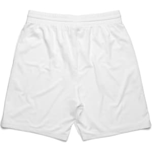 White sports shorts featuring an elastic waistband and a simple design. Includes a logo.