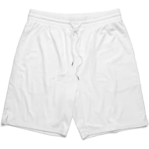 A pair of white sports shorts with an elastic waistband and a drawstring, featuring a small logo.