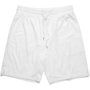 White sports shorts with an elastic waistband and drawstring, featuring a logo on one side.
