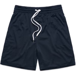 Navy sports shorts with an elastic waistband and drawstring, featuring a simple design and no visible logos.