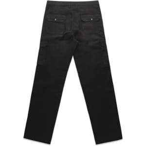 A pair of black utility cargo pants featuring two back pockets and side pockets. The pants have a logo.