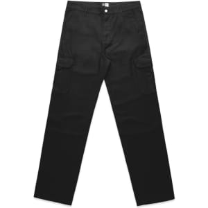 Utility cargo pants in black featuring multiple pockets and a straight-leg design, with a logo on the waistband.